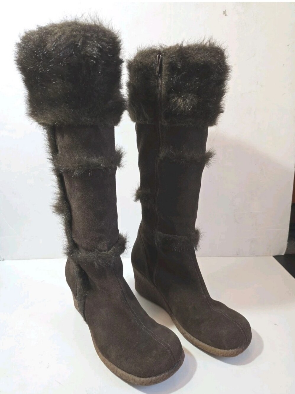 Jeffrey Campbell Faux Fur Trim Brown Women's Wedge Boots Size 10